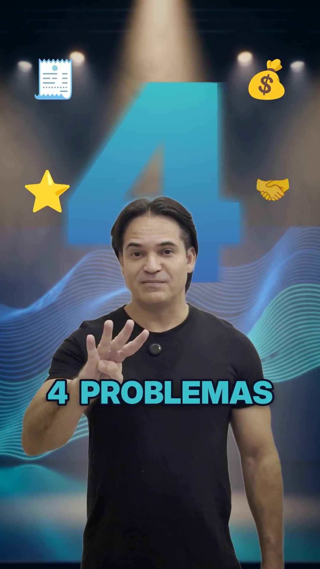Quadro do vídeo das skills: Ivaldo num palco com painel de LED, mostrando quatro dedos, com o letreiro 4 PROBLEMAS